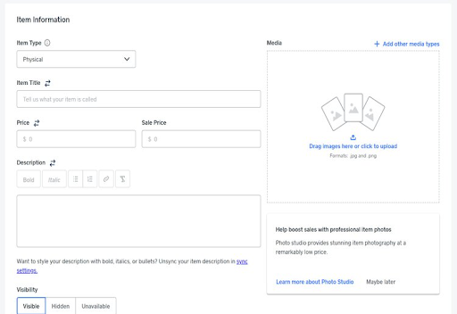 Screenshot showing how to set up product information on Square Online 